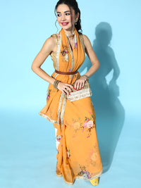 Chhabra 555 Yellow Floral Print Saree with Sequin & Pearl studded belt