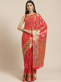 Banarasi Chanderi Saree with Gold Zari & Resham Artistic Motifs & Floral Woven border