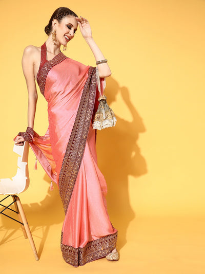 Chhabra 555 Peach Brasso Saree With Geometrical Weave pattern & Zari Embroidery