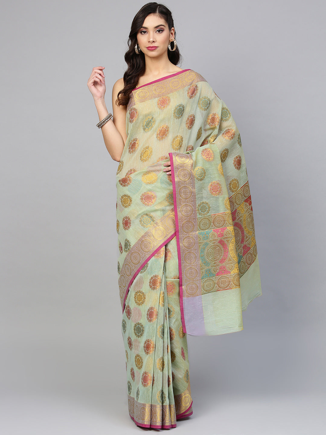 Chhabra 555 Green Chanderi Silk Handloom, Hand Woven,Floral, Meenakari Banarasi Zari Weav Border Saree  