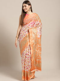 Chhabra 555 Beige Orange Printed Bhagalpuri Saree with Multicolor Floral and Paisley motifs