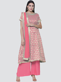 Chhabra 555 Pink Chanderi Neemzari Unstitched Dress Material With Zari Resham Weaving