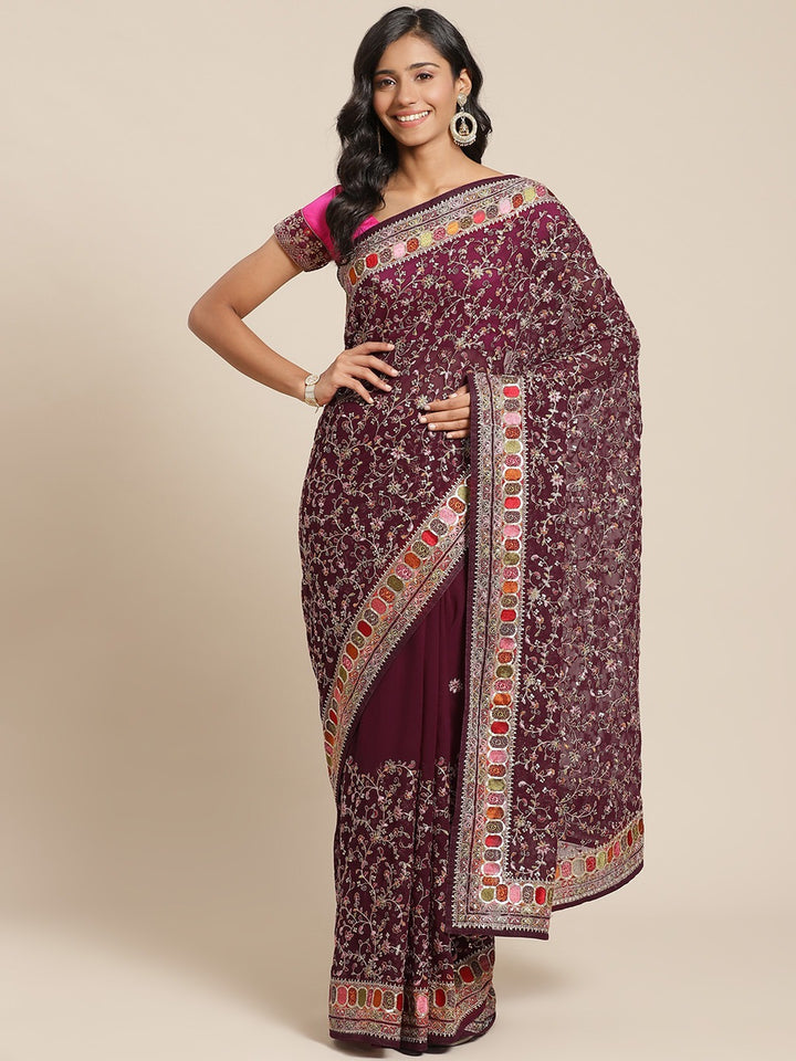Georgette Sequin Embellished Saree with Resham Parsi style Embroidery