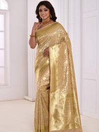 Cream Banarasi Silk Brocade Golden Zari Woven Embellished Saree