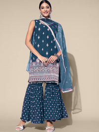 Chhabra 555 Teal Blue Sequence,Mirror Embroidery Kurta Sharara Set & Net Embellished Dupatta 