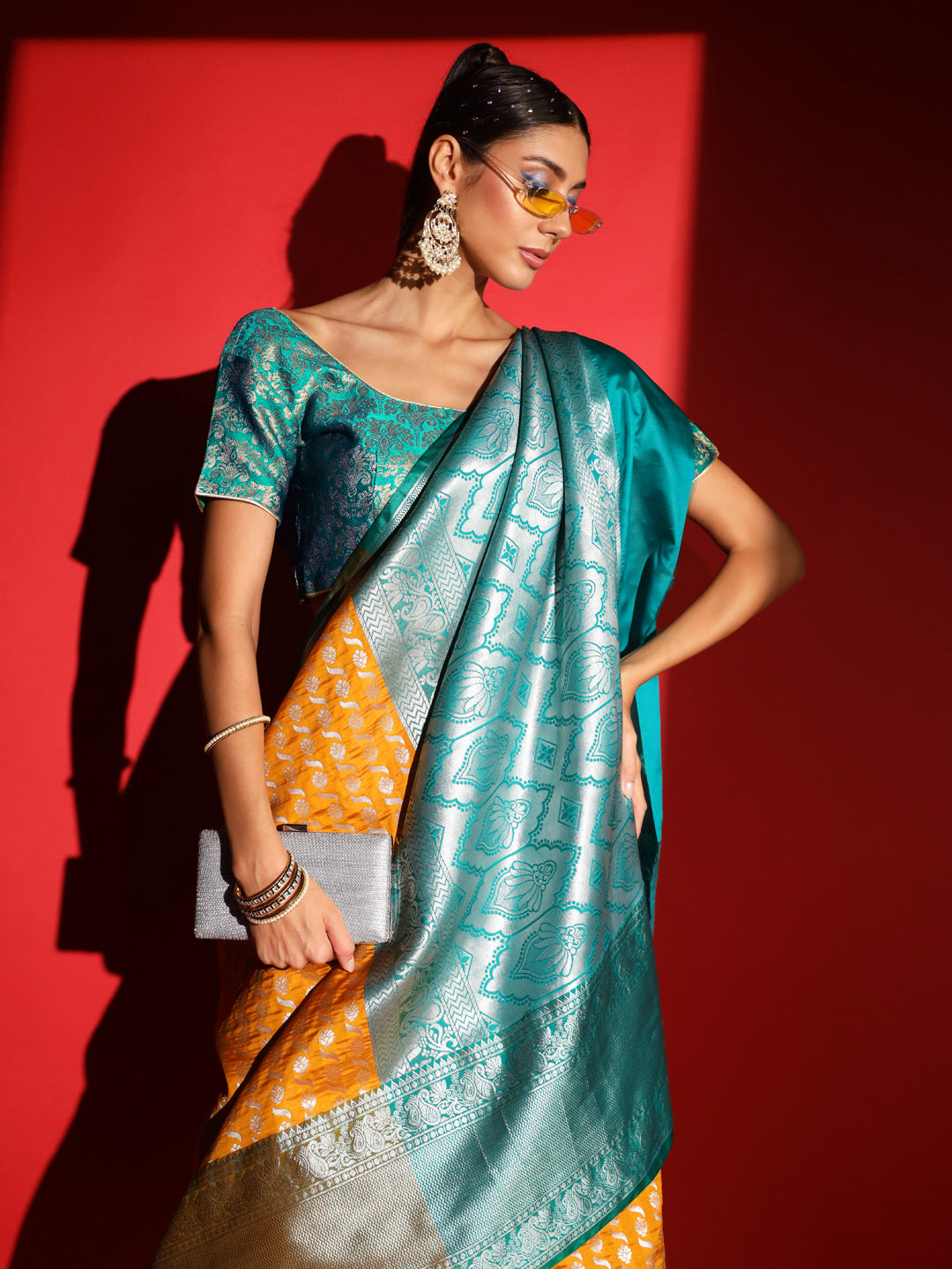 Chhabra 555 Yellow Banarasi Silk Saree with Silver Zari woven Floral Motifs & Broad Contrast Border