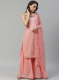 Made to Measure Pink Sequinned Crepe Kurta Sharara Set with Net Embroidered Dupatta