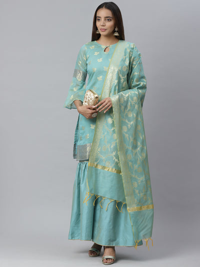 Kimisha Women's Black Jacquard Banarasi Dress With Thread Work Dupatta -  Kimisha - 3039408