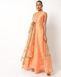 Flowing Banarasi Woven Gown with Gold Embellished Dupatta & Ethnic Buttons