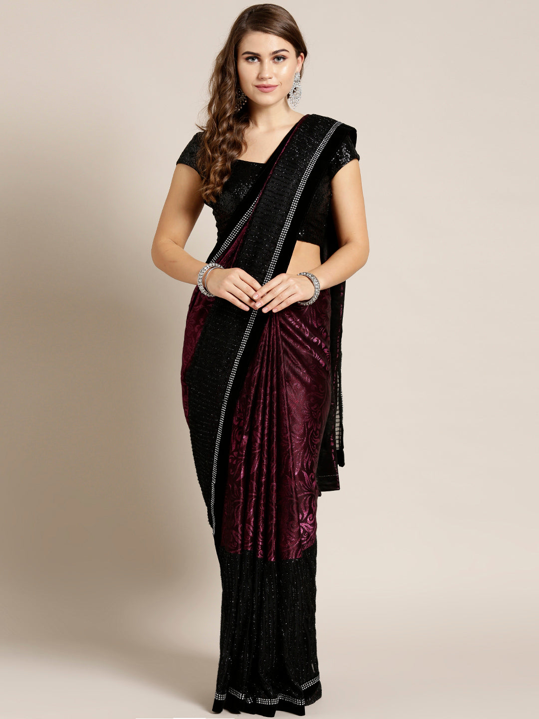 Chhabra 555 Lycra Panelled Wine Black saree with Crystal Embellished border and Self Brocade Pattern