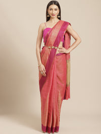 Jute Silk Gold Resham Self embossed Saree with Kanjivaram Temple Pattern & matching belt