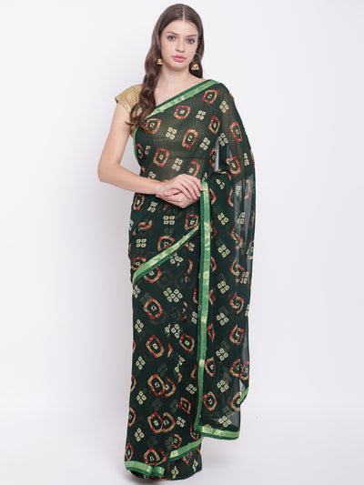 Chhabra 555 Green Georgette Leheriya saree with Quirky Colorful prints and woven border