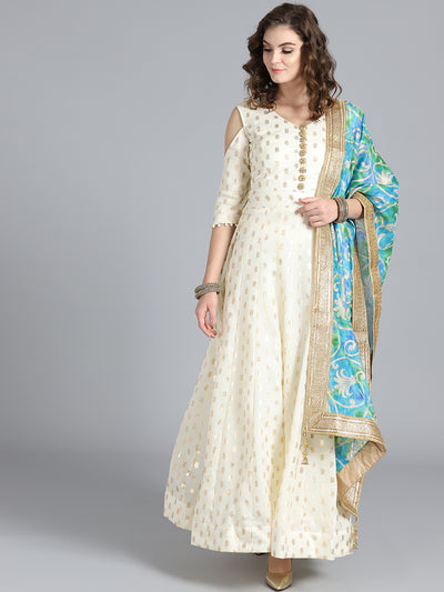 Chhabra 555 OffWhite & Turquoise Chanderi Silk Woven Design Embellished Anarkali Kurta Sets With Heavy Chanderi Dupatta 