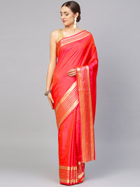 Chhabra 555 Pink Chanderi Silk Handloom, Hand Woven,Floral, Zari Weav Border Saree with Contrast Brocade Blouse 