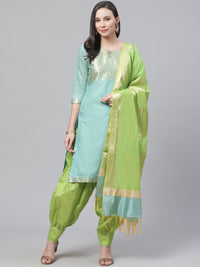 Handloom Chanderi Stitched Suit with Zari Pasleys, Contrast Woven Dupatta & Tassels