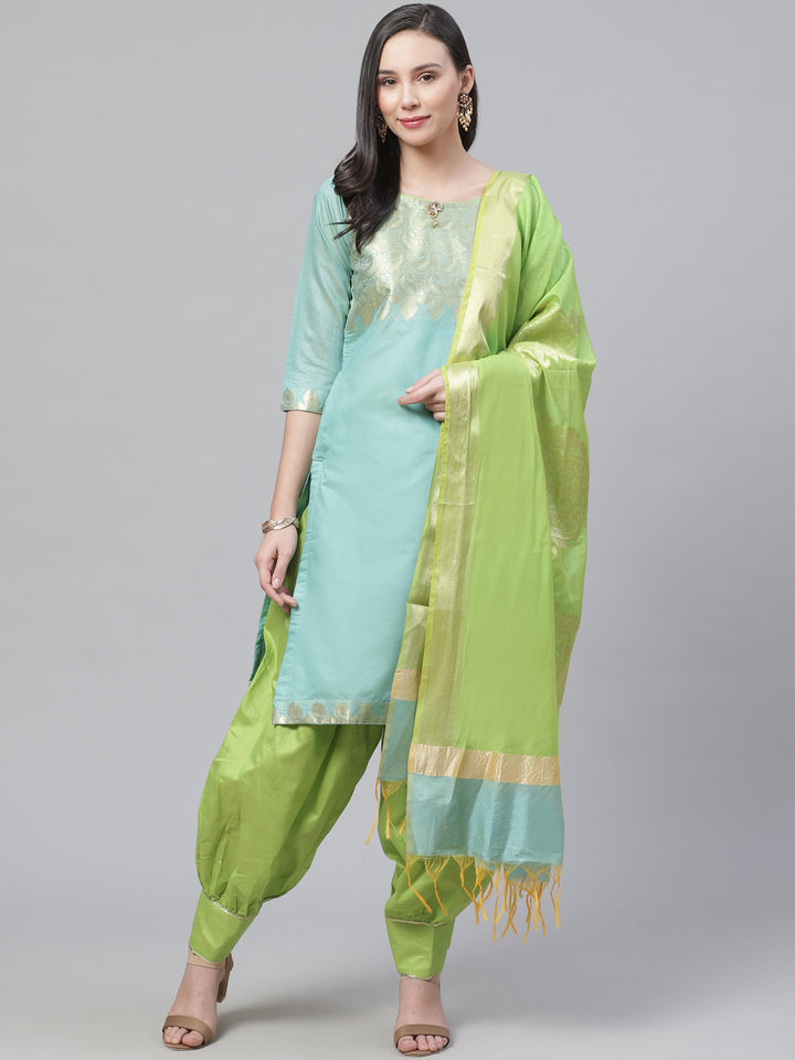 Handloom Chanderi Stitched Suit with Zari Pasleys, Contrast Woven Dupatta & Tassels