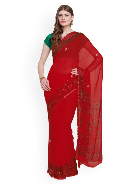 Chhabra 555 Red Colored Printed Georgette Saree With Swarovski Work.