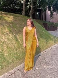 Mustard Pre Draped Pleated Metallic Saree