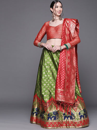 Chhabra 555 Green Semi Stitched Banarasi Brocade Silk Lehenga with Zari & Resham Weaving
