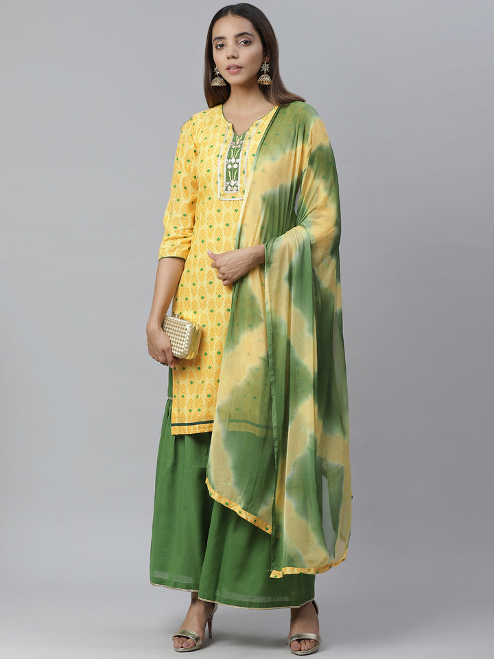 Cotton Ikat Inspired Kurta Set with Zari embroidered neckline and Bandhej Dupatta