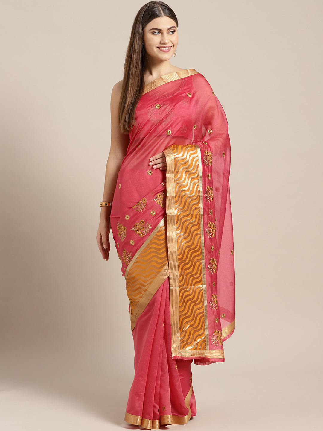 Chhabra 555 Pink Mustard Panelled saree with Resham Embroidered Floral Motifs