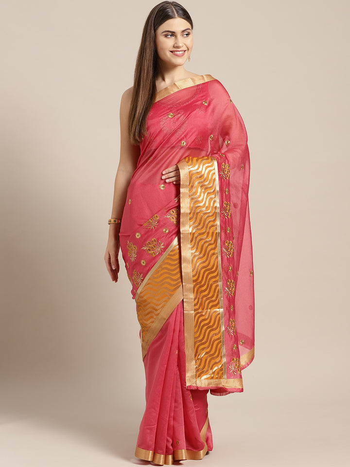 Chhabra 555 Pink Mustard Panelled saree with Resham Embroidered Floral Motifs
