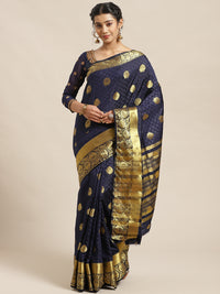 Navy Blue Kanjiwaram Satin Silk Saree with embossed saree and Zari floral motifs