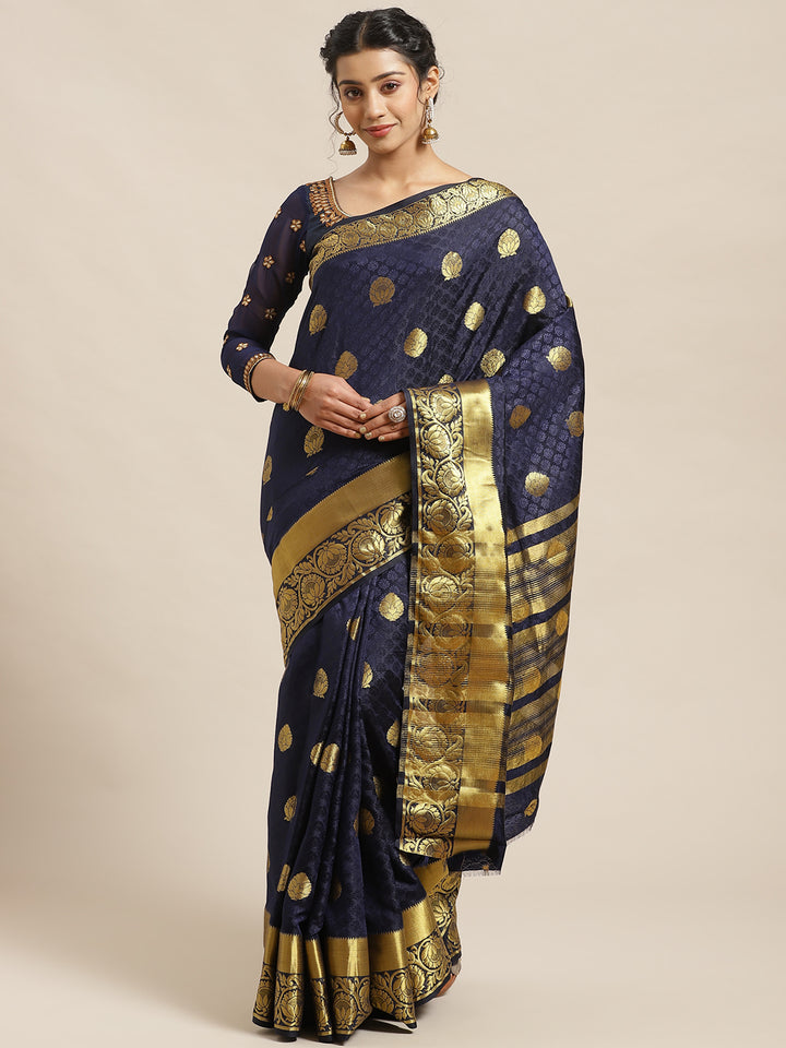 Navy Blue Kanjiwaram Satin Silk Saree with embossed saree and Zari floral motifs