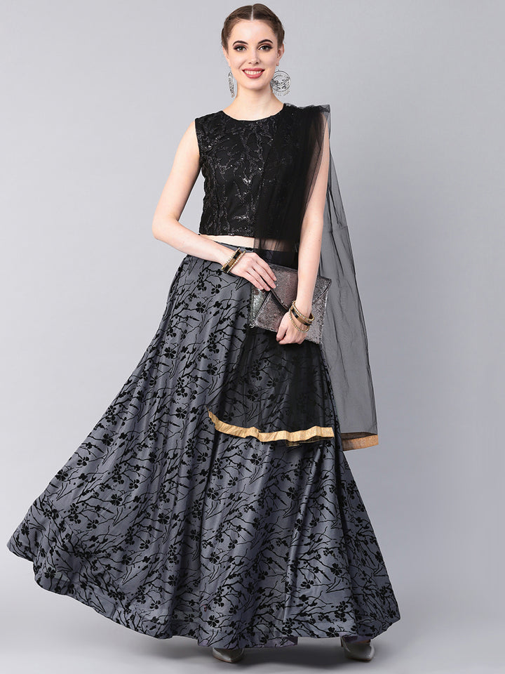 Chhabra 555 Made-to-Measure Crop Top Lehenga Set with Sequinned Blouse and Flock Printed Lehenga