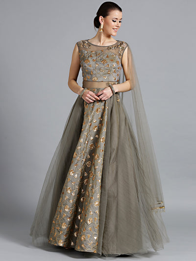 Chhabra 555 Made-to-Measure Grey Embellished Gown with Sequin Zari embroidery and Attached Dupatta  