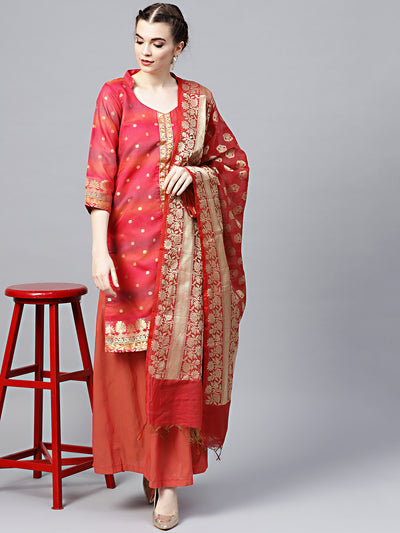 Chhabra 555 Coral Banarasi Handloom Dress Material with Zari Weaving and Tassled dupatta