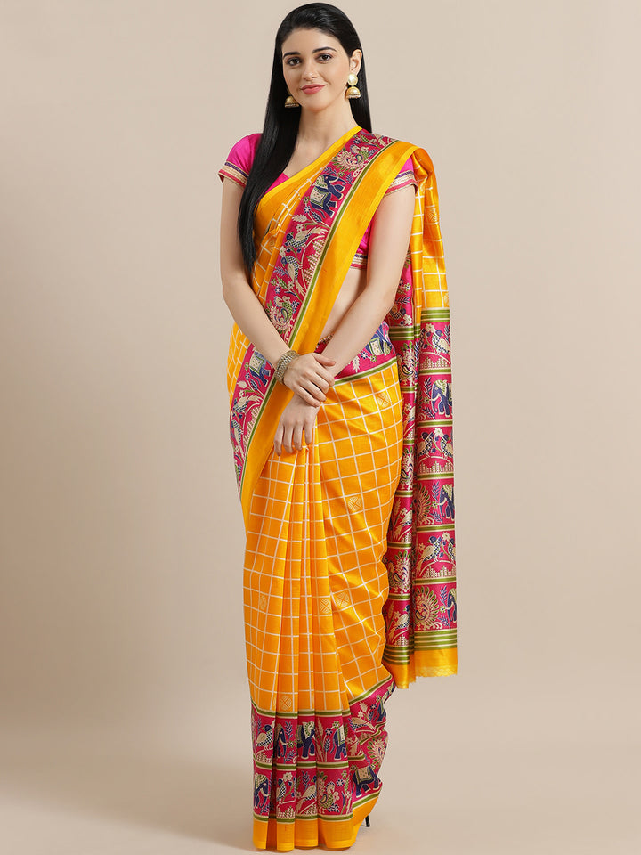 Chhabra 555 Checkered Bhagalpuri Silk Printed Saree with Peacock and Elephant animal Digital Pattern