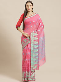 Pink Chanderi Silk Kota Saree with intricate Resham Zari Weaving in a Striped Pattern