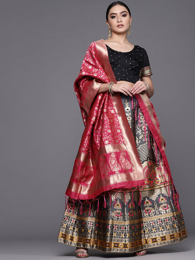 Chhabra 555 Grey Semi-Stitched Banarasi Brocade Silk Lehenga Choli with Zari & Resham Weaving