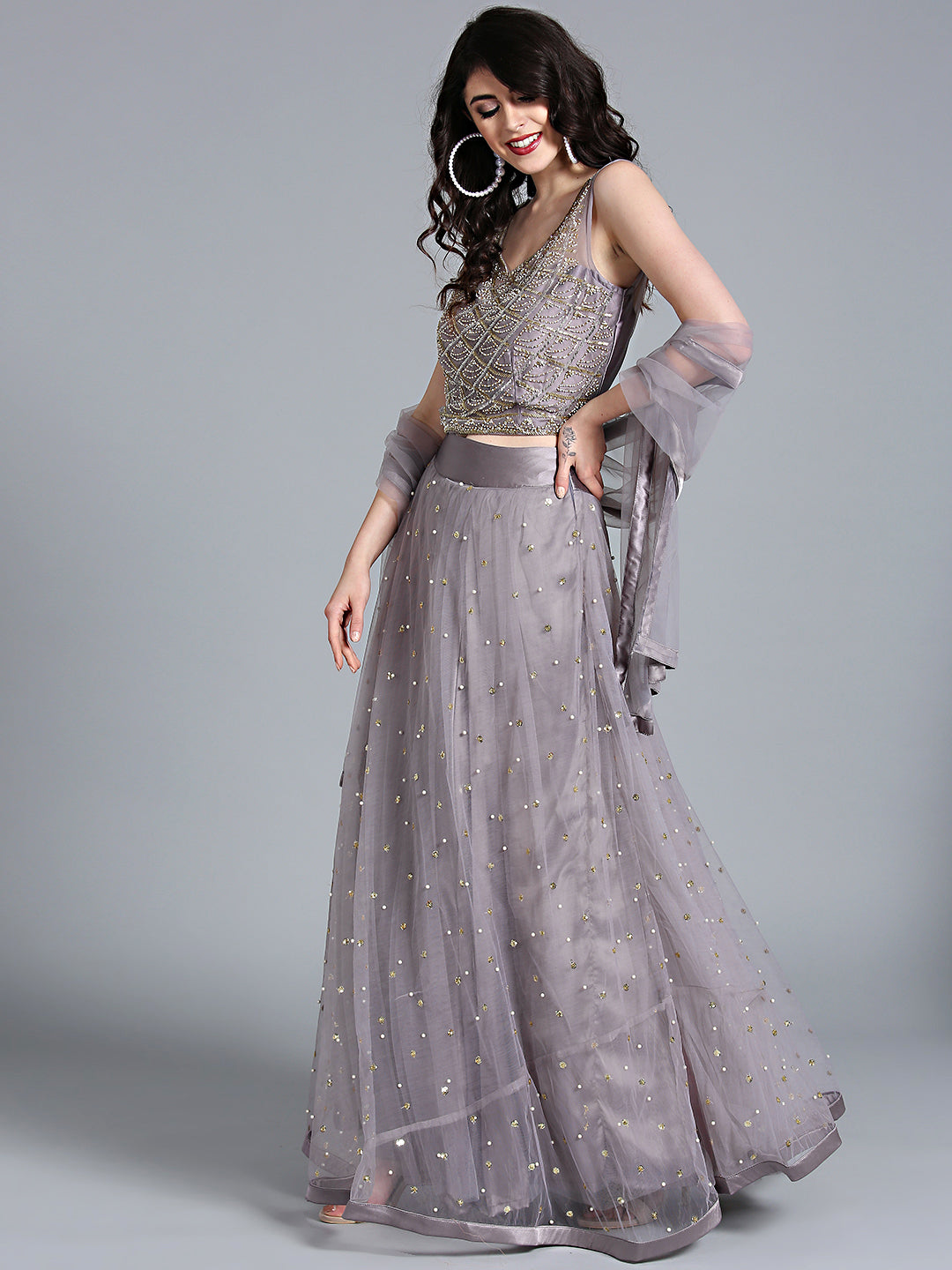 Chhabra 555 Grey Net Crop top Made-To-Measure Lehenga With Pearl, Sequin, Cut-dana embellishments