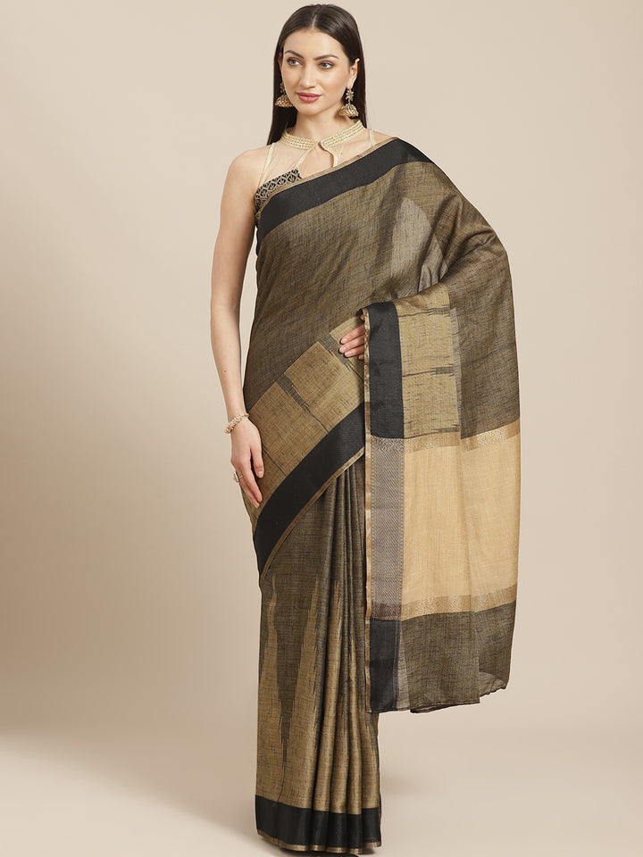 Jute Silk Resham Self embossed Saree with Kanjivaram Temple Pattern & Contrast Border