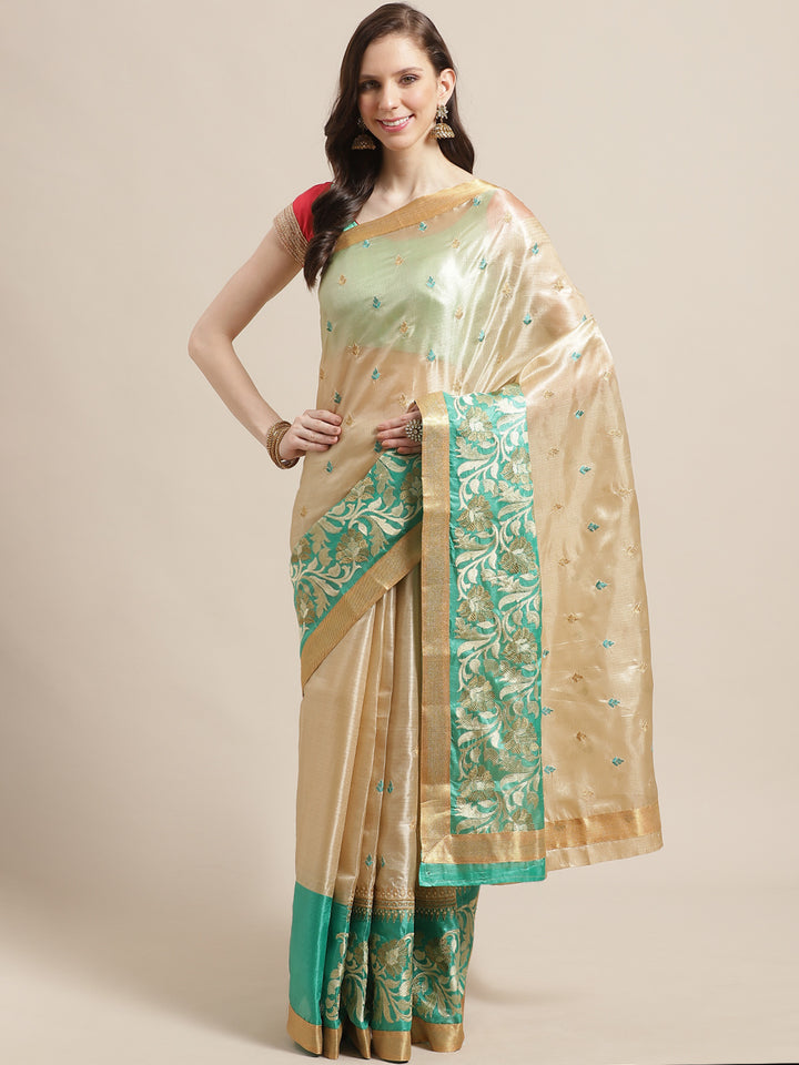 Tussar Handloom Banarasi Saree with Contrast Border & Resham Floral Embroidery