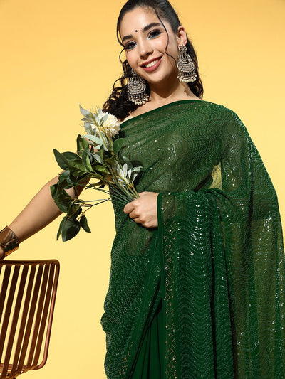 Chhabra 555 Deep Green Sequence Embroidery Leheriya Georgette Saree with Crystal Embellishments