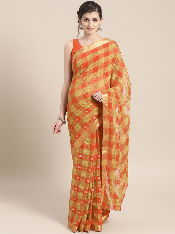 Chiffon Checked Saree with Bandhej print, Resham weaving and Gold Zari border