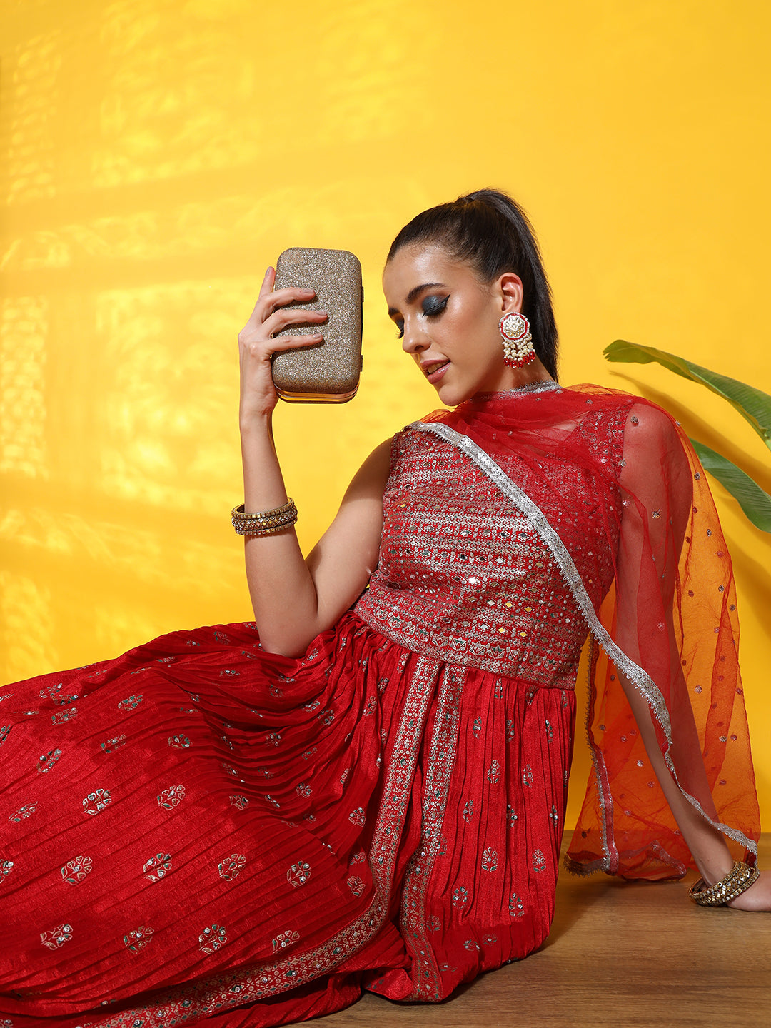 Chhabra 555 Mirror Embellished Foil Print Jacket style Front Slit Kurta with Flared Pleated Lehenga