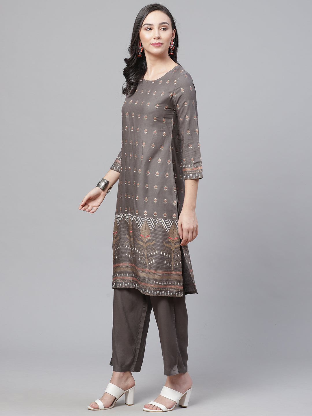 Made to Measure Charcoal Grey Kurta Pants Set With Ethnic Gold Block Printing