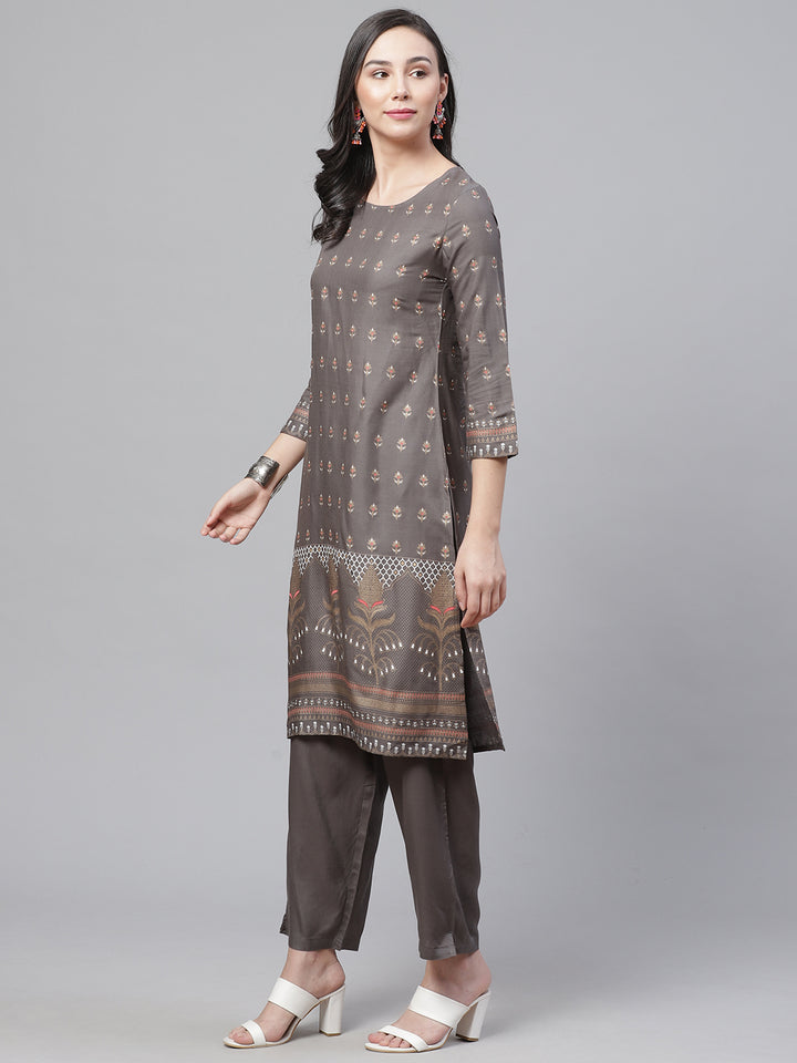 Made to Measure Charcoal Grey Kurta Pants Set With Ethnic Gold Block Printing
