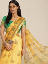 Chhabra 555 Pastel Yellow Floral Figital Printed Kota Mirror Work Embellished Chanderi Saree