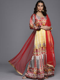 Made to Measure Yellow Anarkali Bohemian Printed Dress with Net Red Dupattta