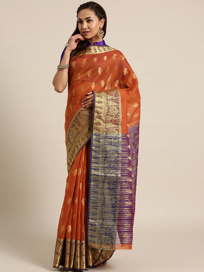 Chhabra 555 Orange Banarasi Handloom Silk Saree woven with figure motifs and bridal scenes