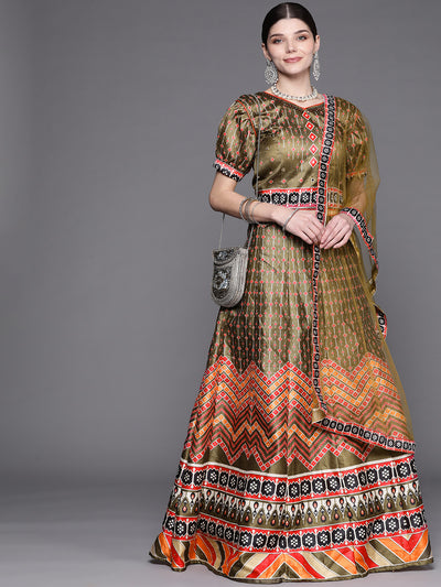 Chhabra 555 Made to Measure Olive Green Geometric Print Parade Crop-Top Skirt Set with Puff sleeves