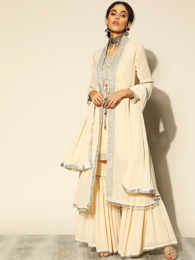 Chhabra 555 Made to Measure Jacket Style Kurta Set with Pearl, Zircon Embellishments and Sharara