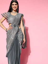 Chhabra 555 Pre-Draped Ruffled Half Half Saree With Sequin Embellishments & Belt