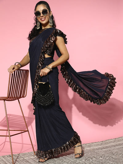 Chhabra 555 Pre-Stitched Draped Navy Blue Ready to Wear Saree with Metallic Bling Net Ruffled Border 