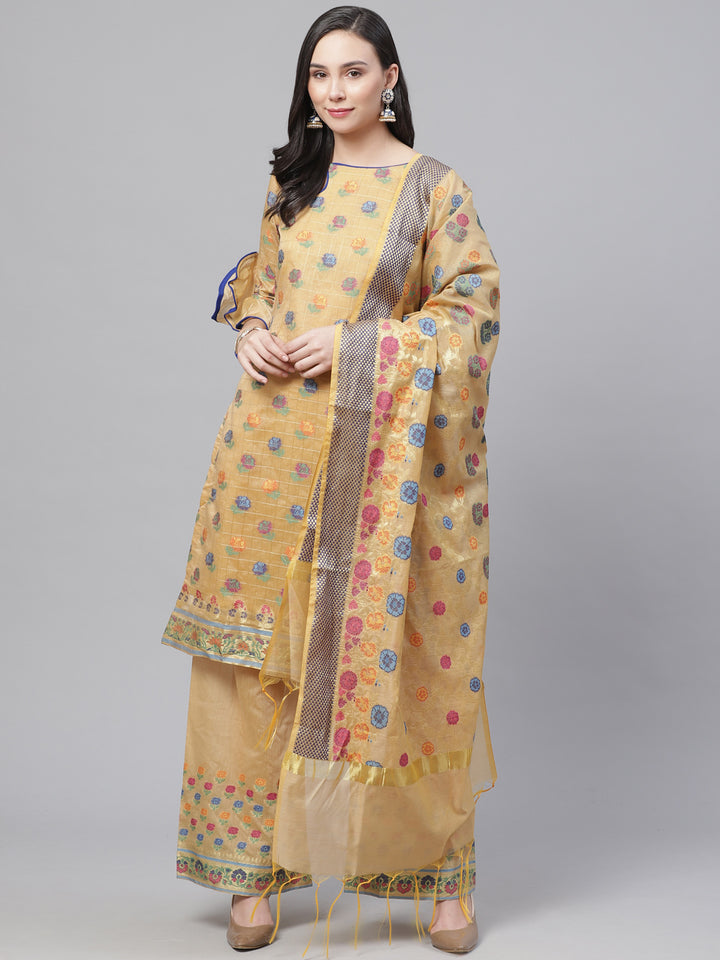 Chanderi Stitched Suit with  Resham Embroidery & Woven Banarasi Dupatta